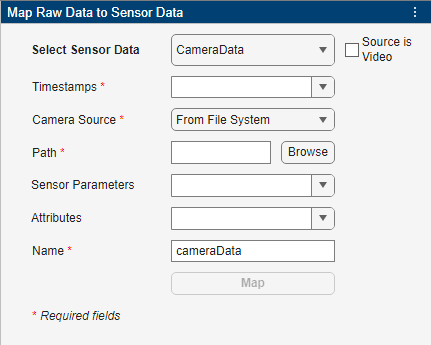 Options for mapping raw camera data to a CameraData sensor data object, without a source video.