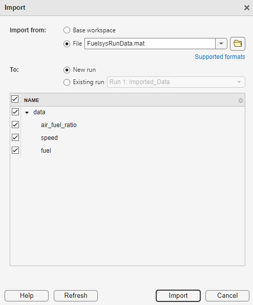 Simulation Data Inspector Import menu with file selected.