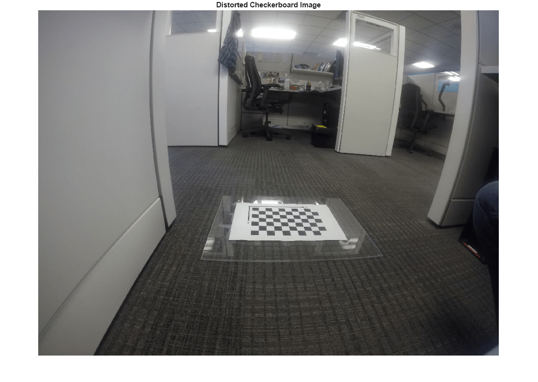 Figure contains an axes object. The hidden axes object with title Distorted Checkerboard Image contains an object of type image.