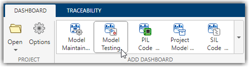 The Dashboard tab. The mouse is pointing to the Model Testing button.