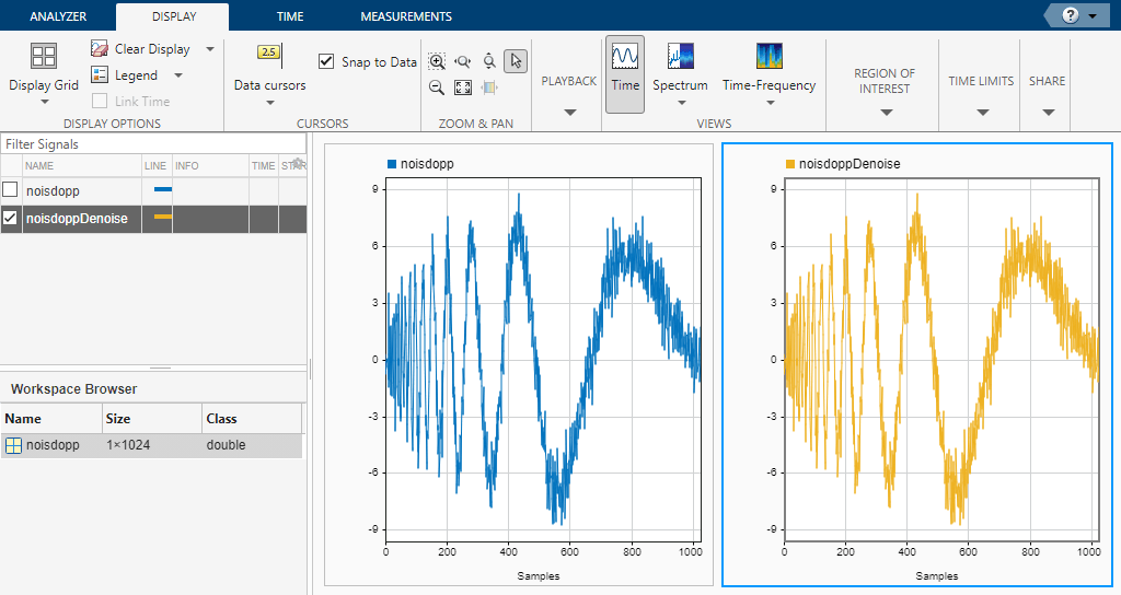 Signal Analyzer app showing two displays. On the left, original signal. On the right, renamed copy of the original signal.