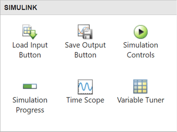 Simulink UI components in the App Designer Component Library. The components are: Load Input Button, Save Output Button, Simulation Controls, Simulation Progress, Time Scope, and Variable Tuner.