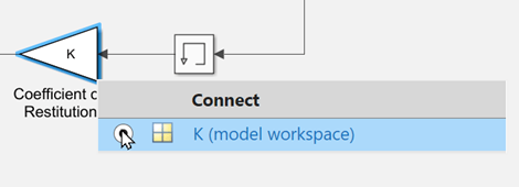 Connection options in Simulink for the Coefficient of Restitution block. The K (model workspace) option is selected.