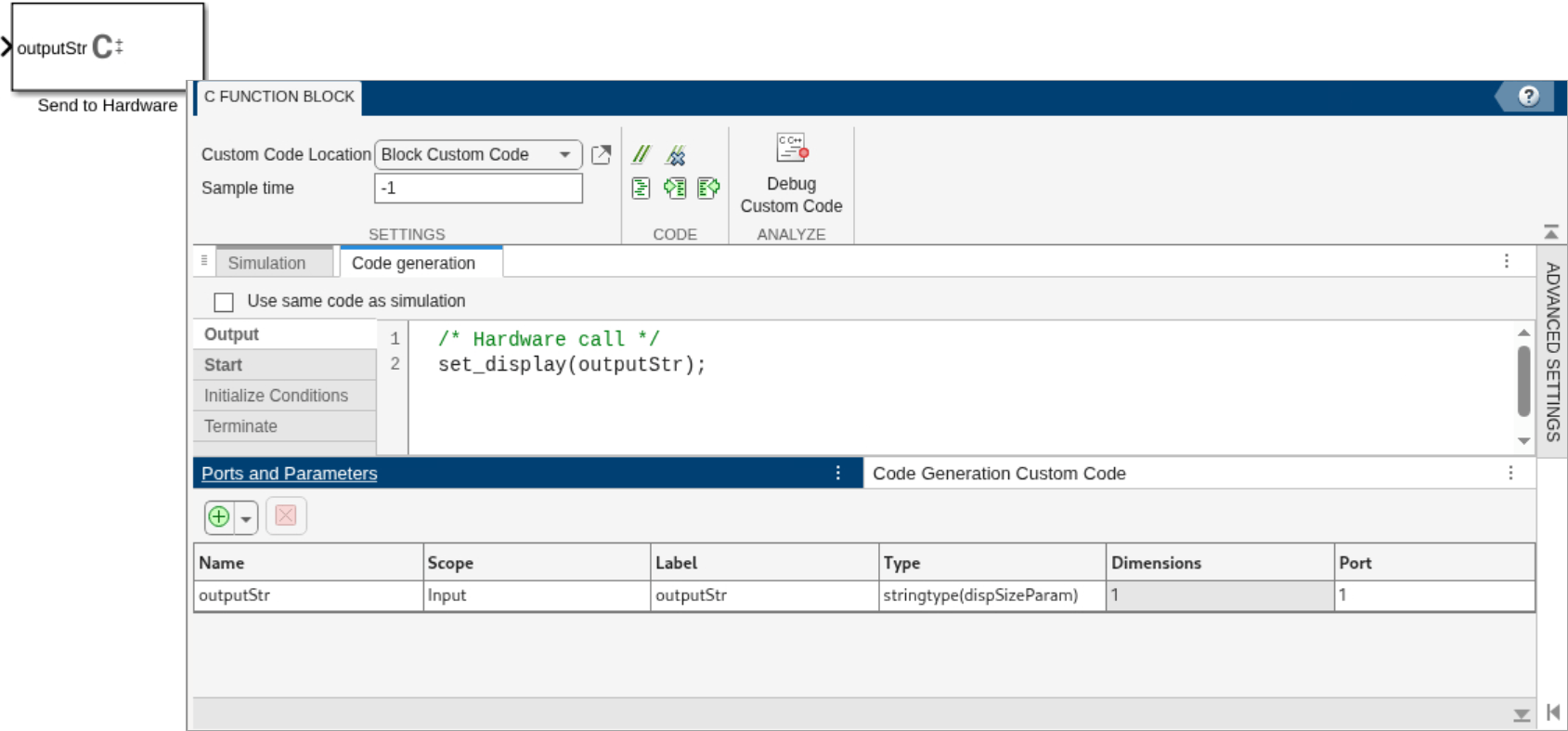 Block parameters for the C Function block named Send to Hardware uses a hardware function call set_display() to generate code.