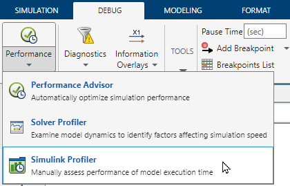 The Debug tab in the Simulink Toolstrip has the Performance list expanded with the pointer paused on the Solver Profiler option.