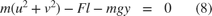 $$
\begin{array}{rclccr}
m(u^2 + v^2) -Fl-mgy&=&0&&(8)
\end{array}
$$