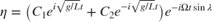 $$\eta = \left( C_1 e^{i\sqrt{g/L}t} + C_2 e^{-i\sqrt{g/L}t}\right)
e^{-i\Omega t \sin{\lambda}}$$