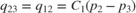 $$q_{23}=q_{12}=C_1 \left( p_2-p_3 \right)$$
