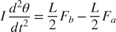 $$I \frac{d^2 \theta}{d t^2} = \frac{L}{2}F_b - \frac{L}{2}F_a $$