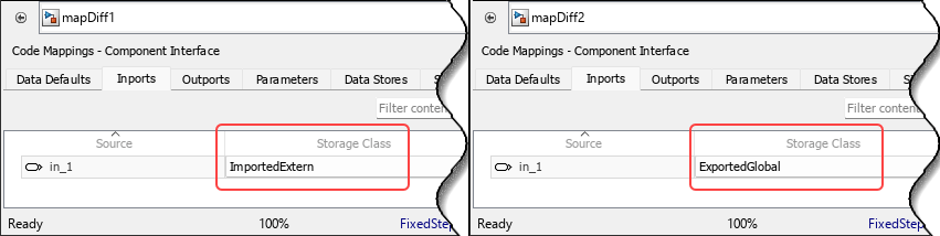 Code Mappings editor of models mapDiff1 and mapDiff2 are open with the Inports tab selected.