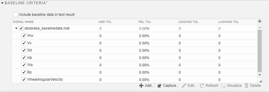 The baseline criteria section with the logged signals and tolerances.