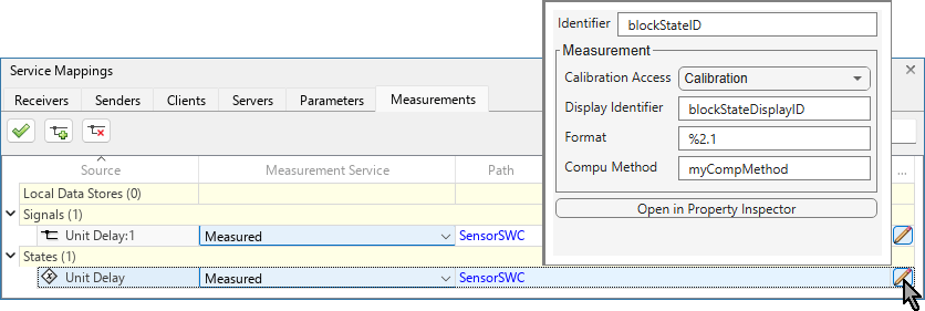 Mouse cursor is on the pencil icon for the state element in the Service Mappings editor. The Additional Properties dialog box is open with these property values: Identifier:blockStateVal, Calibration Access:Calibration,Display Identifier:blockStateDisplayVal,Format:%2,1,Compu Method:myCompMethod.