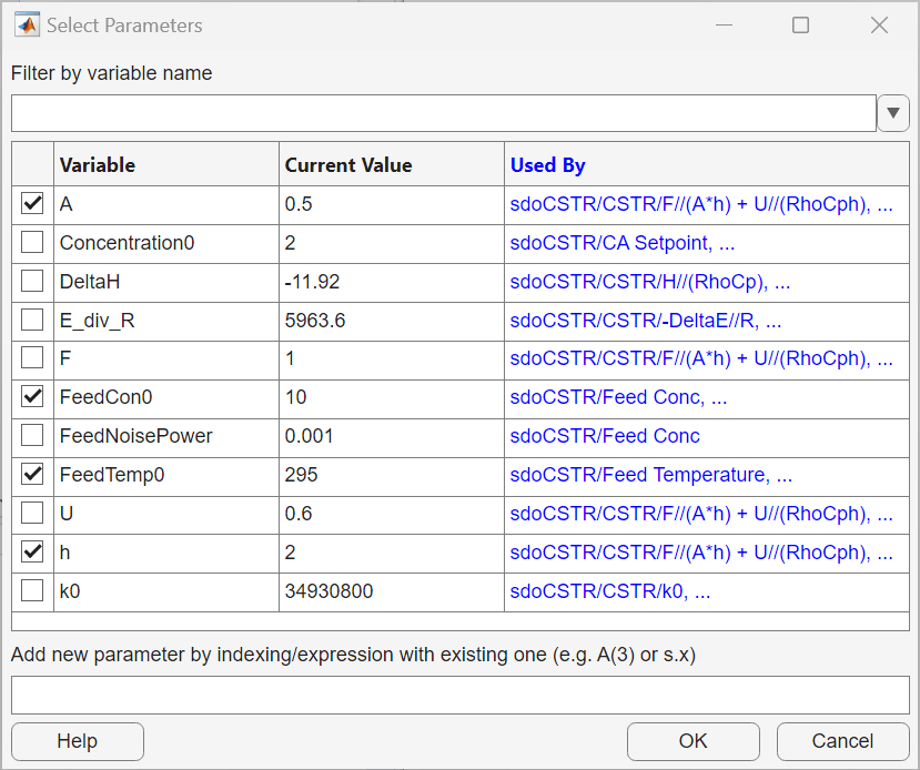 Select Parameters dialog box showing the selected variables