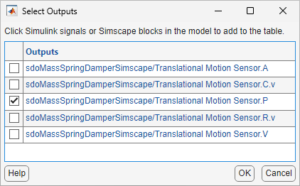 The Select Outputs dialog box showing the selected Simscape variable
