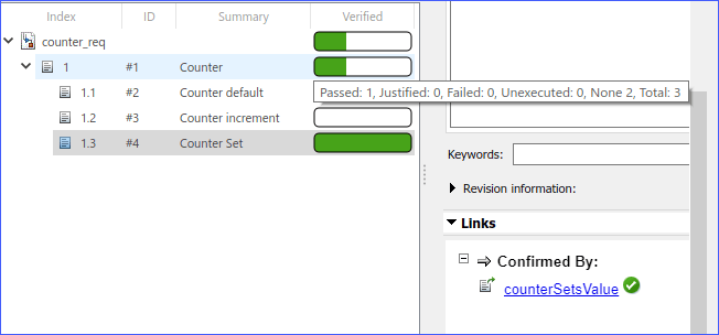 The counter_req requirement set shows that the parent requirement is partially verified