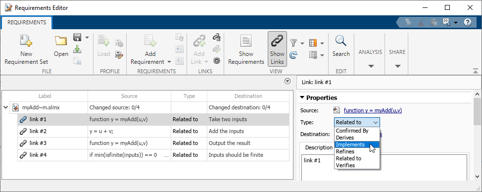 In the Requirements Editor, link #1 is selected in the myAdd~m link set. In the right pane, under Properties, the mouse points to the Implements menu item in the Type menu.