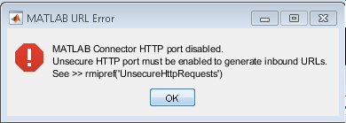 The MATLAB URL Error window shows that the MATLAB Connector HTTP port is disabled.