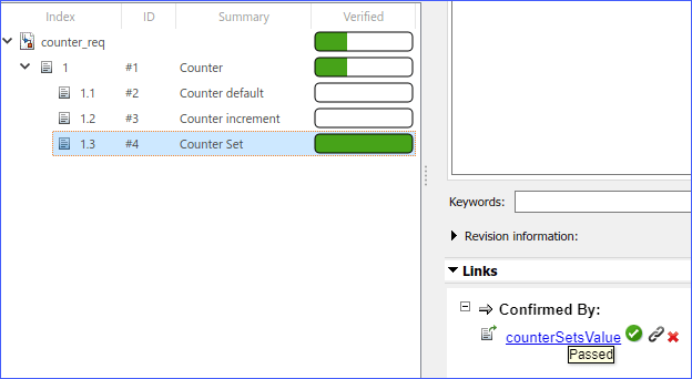 The counter_req requirement set shows that the requirements are partially verified
