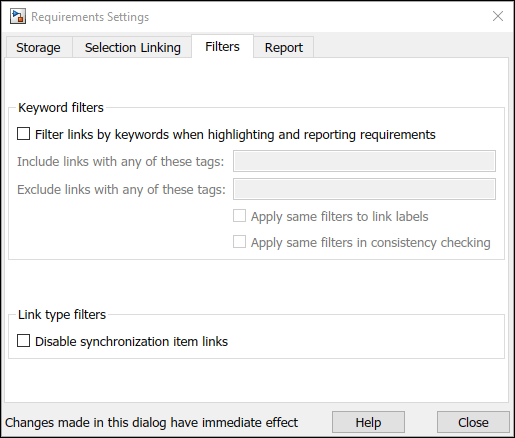 The Requirements Settings set on the filter tab