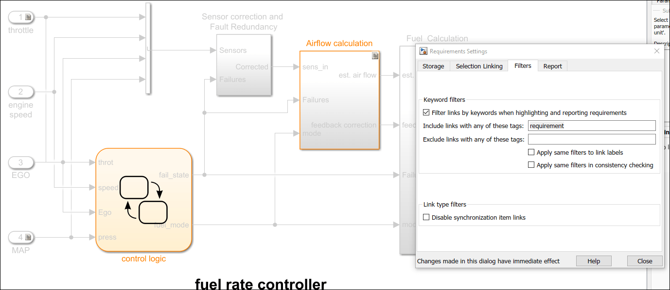 The Requirements Settings dialog with the Include links with any of these tags set to "requirement"