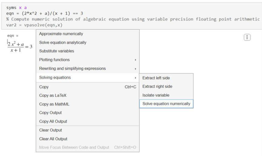 Selecting Solving equations and Solve equation numerically in the suggestion menu