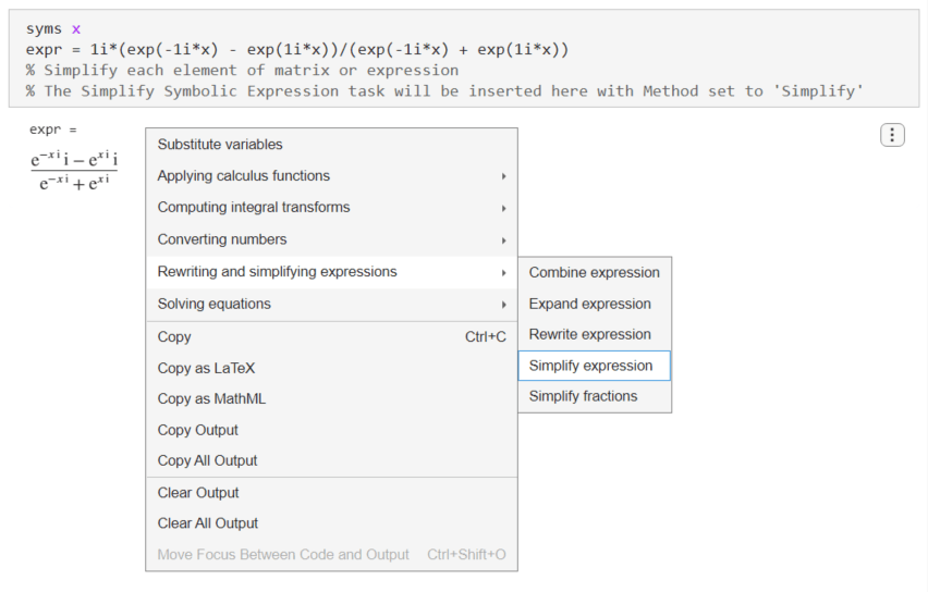 Selecting Rewriting and simplifying expressions and Simplify expression in the suggestion menu