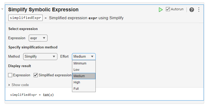 Simplify Symbolic Expression task with the Effort dropdown expanded showing Medium selected