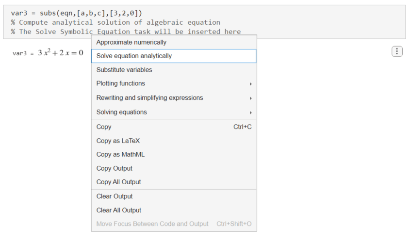 Selecting Solve equation analytically in the suggestion menu