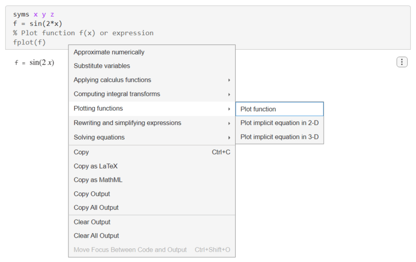Selecting Plotting functions and Plot function in the suggestion menu