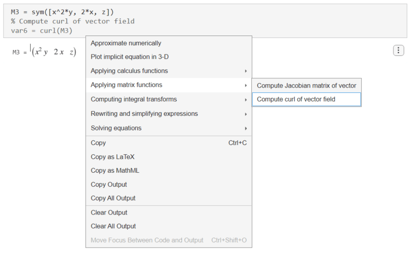 Selecting Applying matrix functions and Compute curl of vector field in the suggestion menu