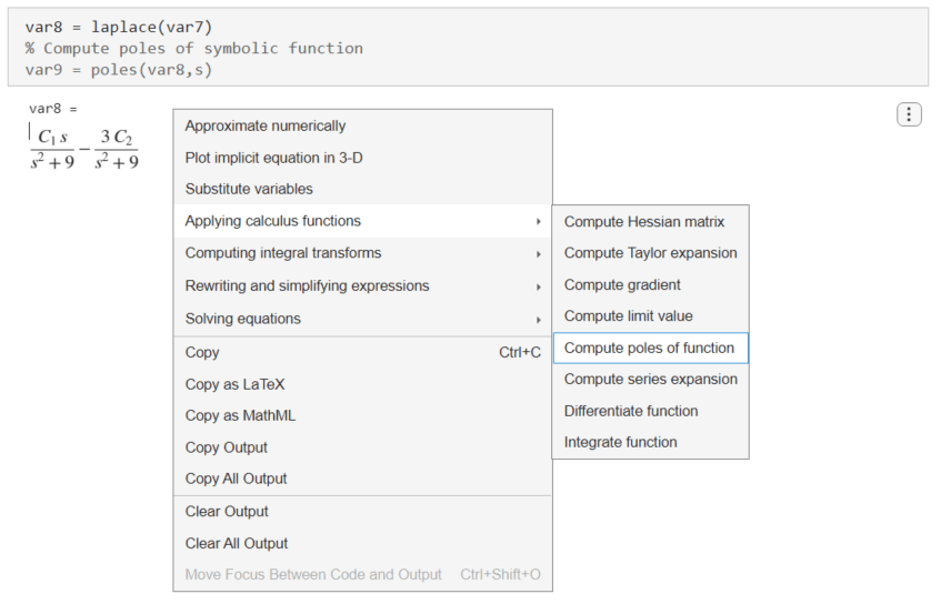 Selecting Applying calculus functions and Compute poles of function in the suggestion menu