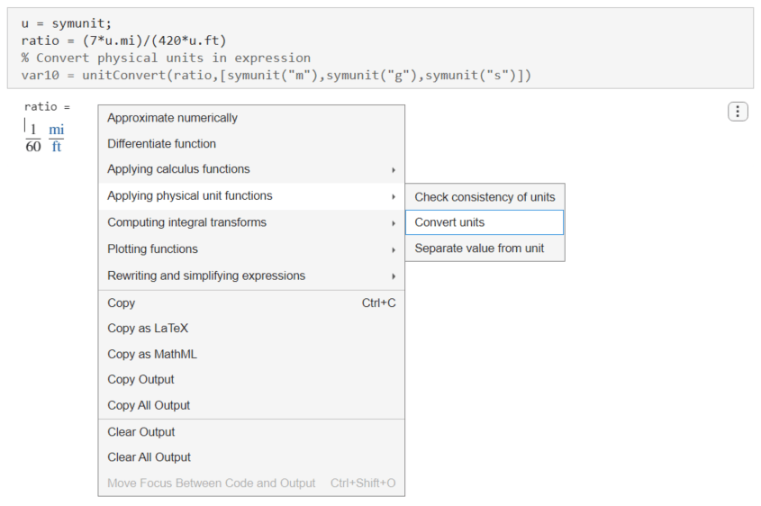 Selecting Applying physical unit functions and Convert units in the suggestion menu