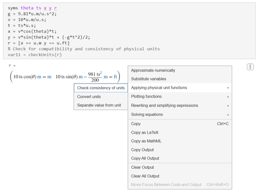 Selecting Applying physical unit functions and Check consistency of units in the suggestion menu
