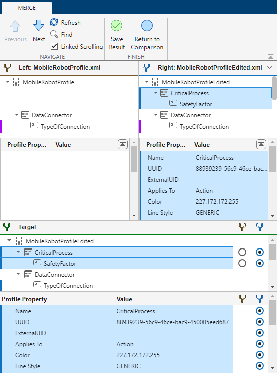 Two-way merge tool open with the comparison report of two profiles and the Target pane open.