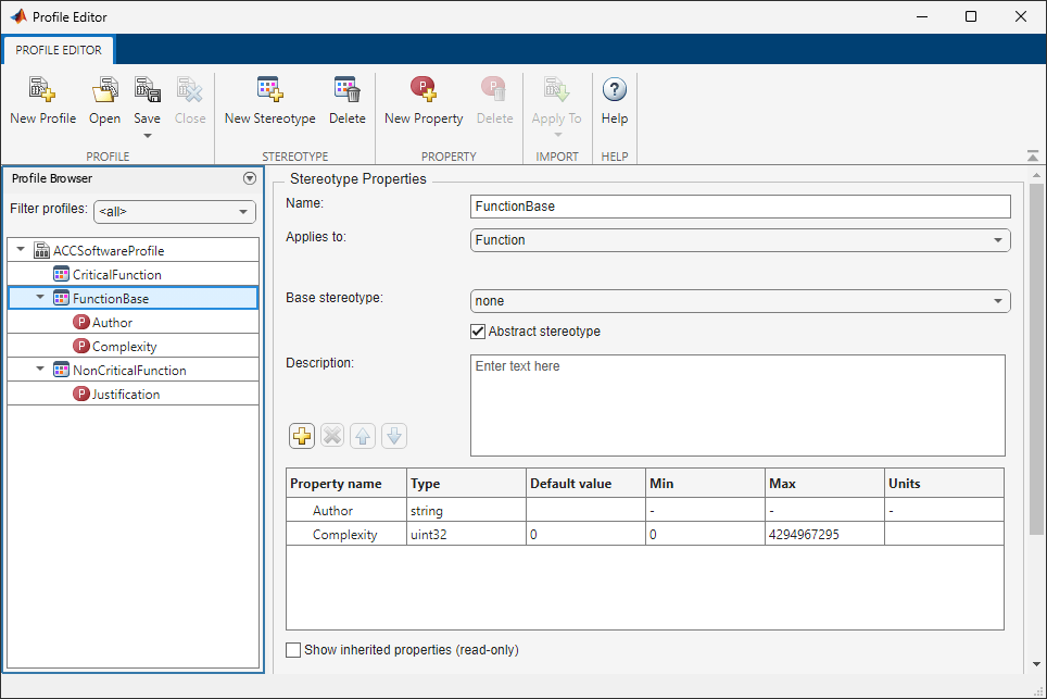 The Profile Editor window open with the ACCSoftwareProfile profile opened. The FunctionBase stereotype is selected in the Profile Browser on the left and the stereotype properties are shown on the right.