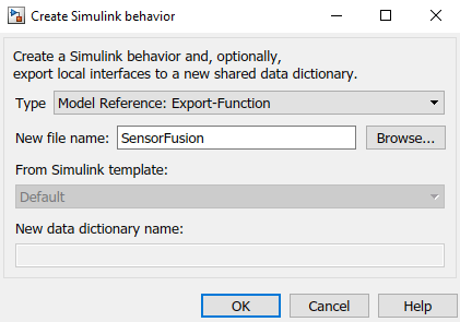 The Create Simulink Behavior dialog box open with the Type set to Model Reference: Export-Function and the New file name set to SensorFusion.