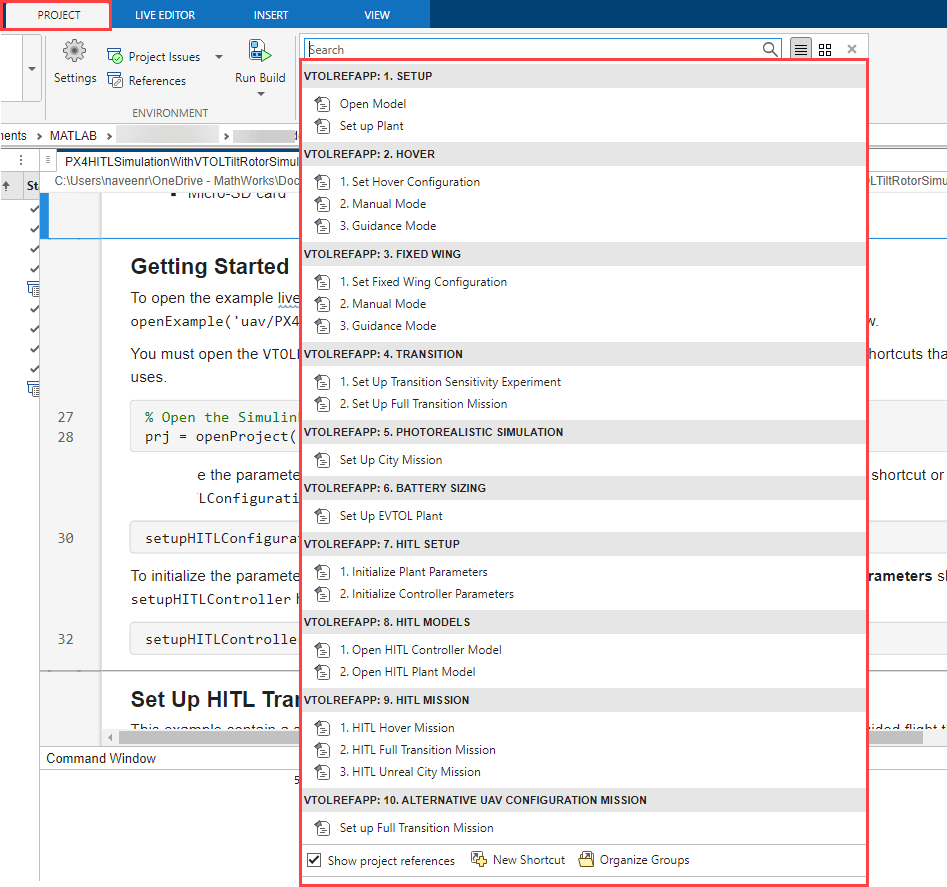 Simulink Project shortcuts panel for VTOLRefApp showing HITL Setup, HITL Models, and HITL Mission groups