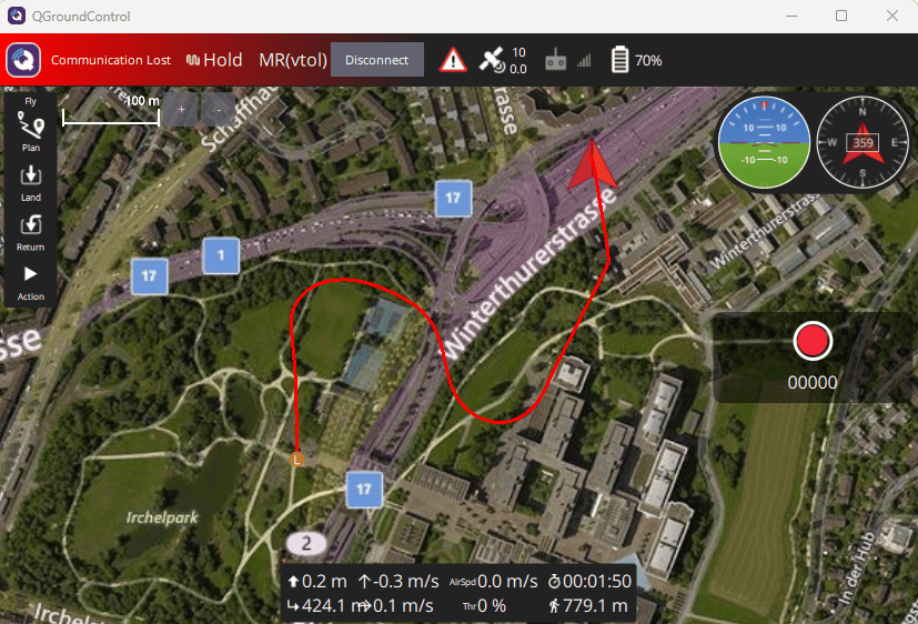 QGroundControl map showing VTOL UAV flight path with waypoints during HITL transition mission