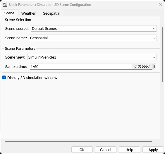 Simulation 3D Scene Configuration block Scene tab with Scene source set to Default Scenes and Scene name set to Geospatial