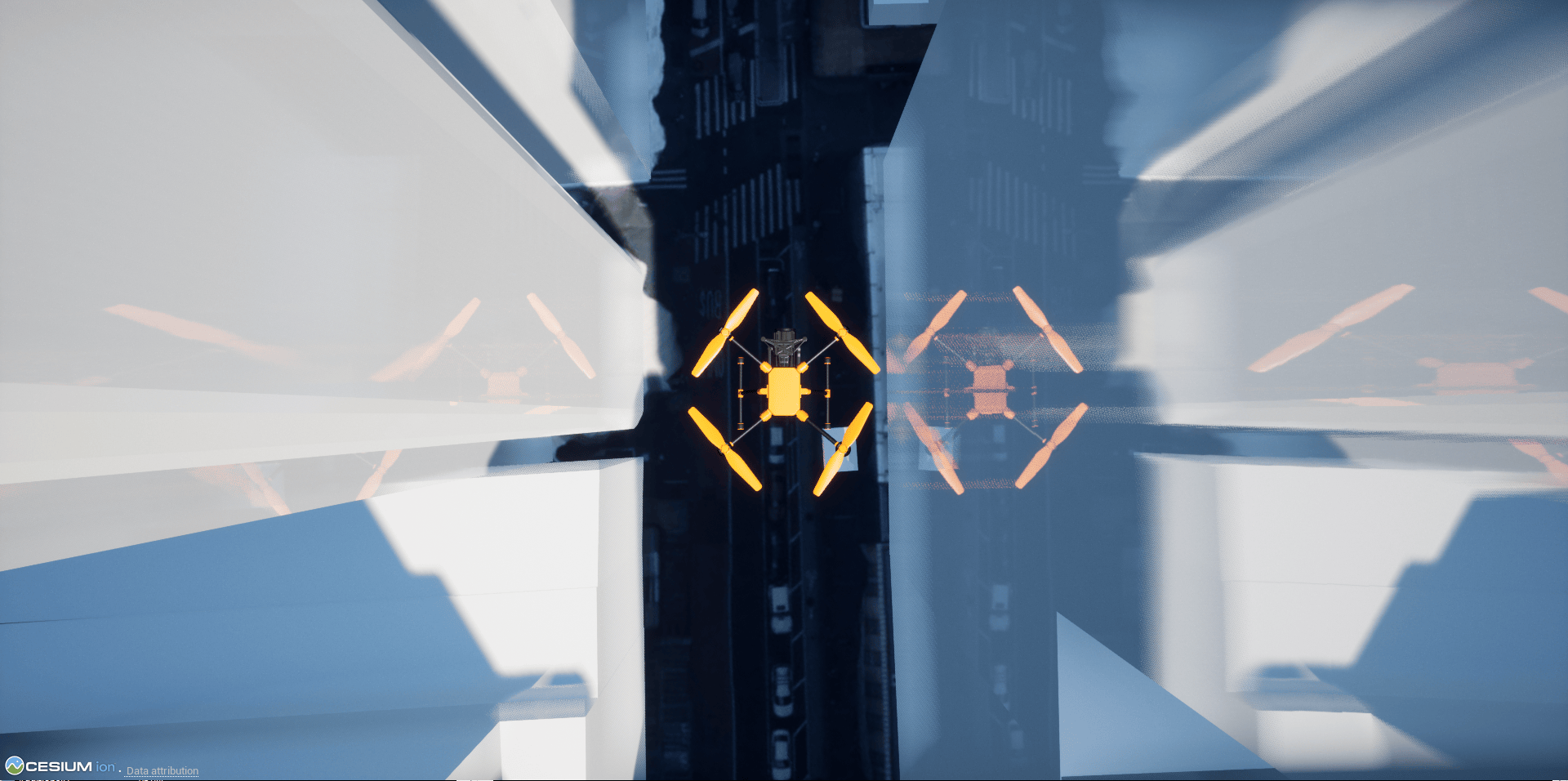 Close-up view of UAV navigating between buildings in the Cesium 3D visualization with reflections visible