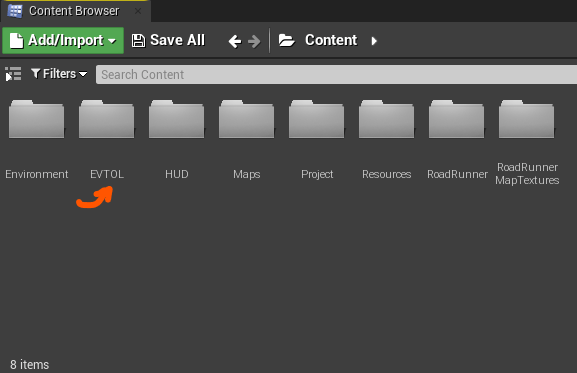 Unreal Editor Content Browser with EVTOL folder created alongside Environment, HUD, Maps, and other folders