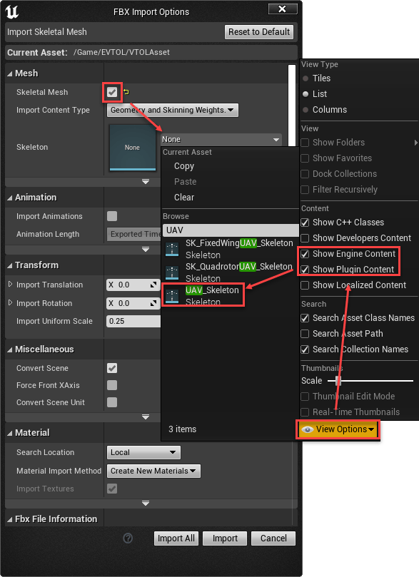 FBX Import Options with Skeleton dropdown showing UAV_Skeleton selected after enabling Show Engine Content and Show Plugin Content in View Options