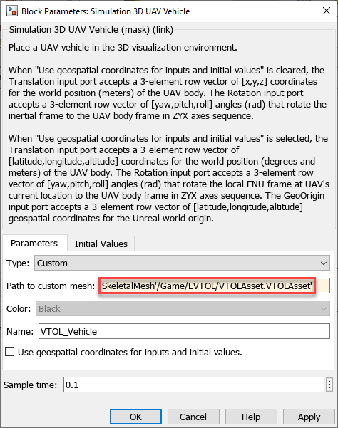 Simulation 3D UAV Vehicle block parameters with Type set to Custom and Path to custom mesh set to SkeletalMesh'/Game/EVTOL/VTOLAsset.VTOLAsset'