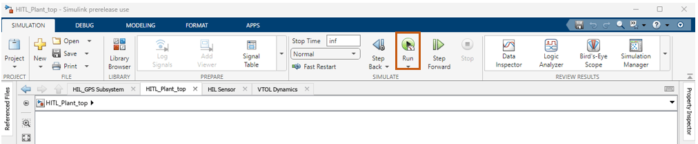 Simulink Toolstrip with Run button highlighted for the HITL_Plant_top model
