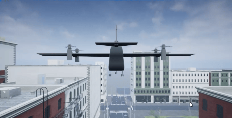 VTOL UAV flying between buildings in the Unreal Engine urban environment visualization
