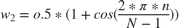 $w_{2} = o.5*(1 + cos(\frac{2*\pi*n}{N-1}))$