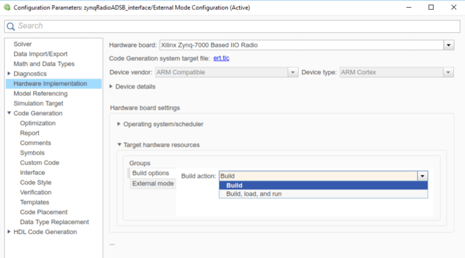 Select Build action in the Configuration Parameters dialog box.