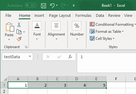 Worksheet cells A1 through E1 contain numbers 1 through 5 and the Name Box contains the name testData.