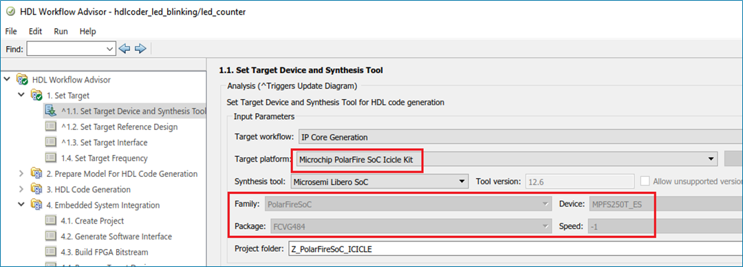HDL Workflow Advisor IP Core Generation workflow for Polarfire