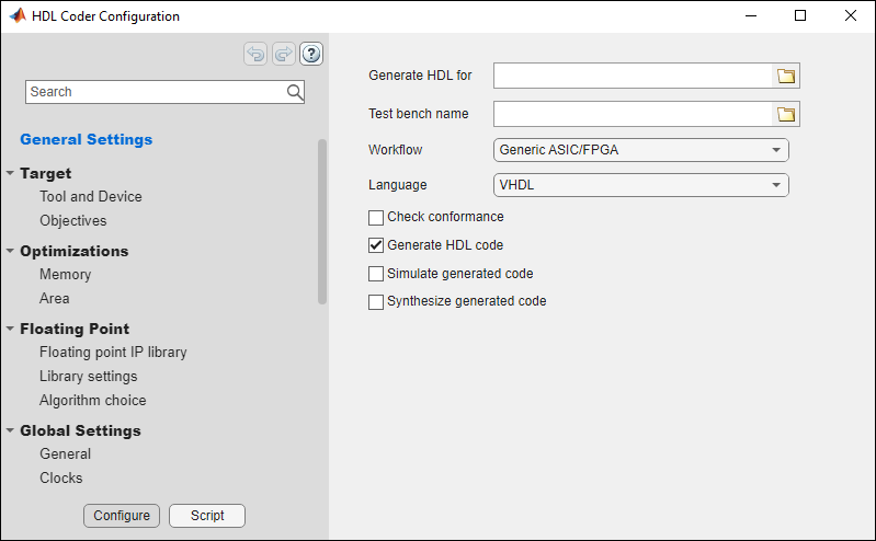 HDL Coder Configuration Dailog Box